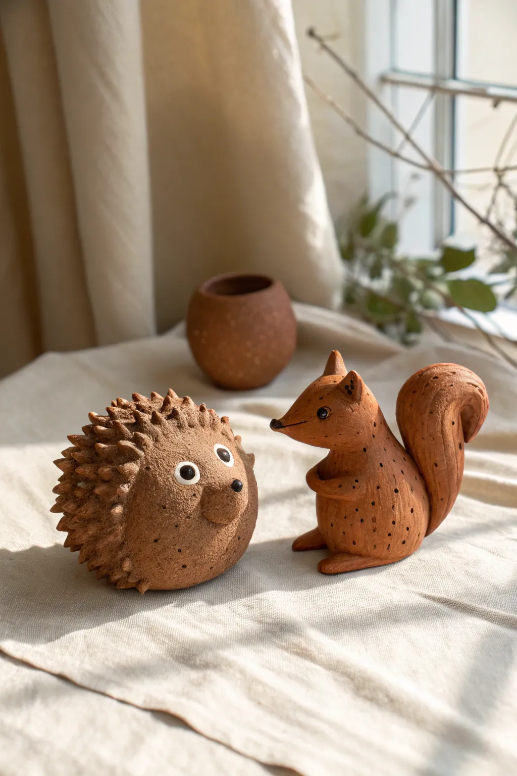 Sweet brown clay hedgehog and squirrel duo, minimal woodland charm for cozy handmade decor.