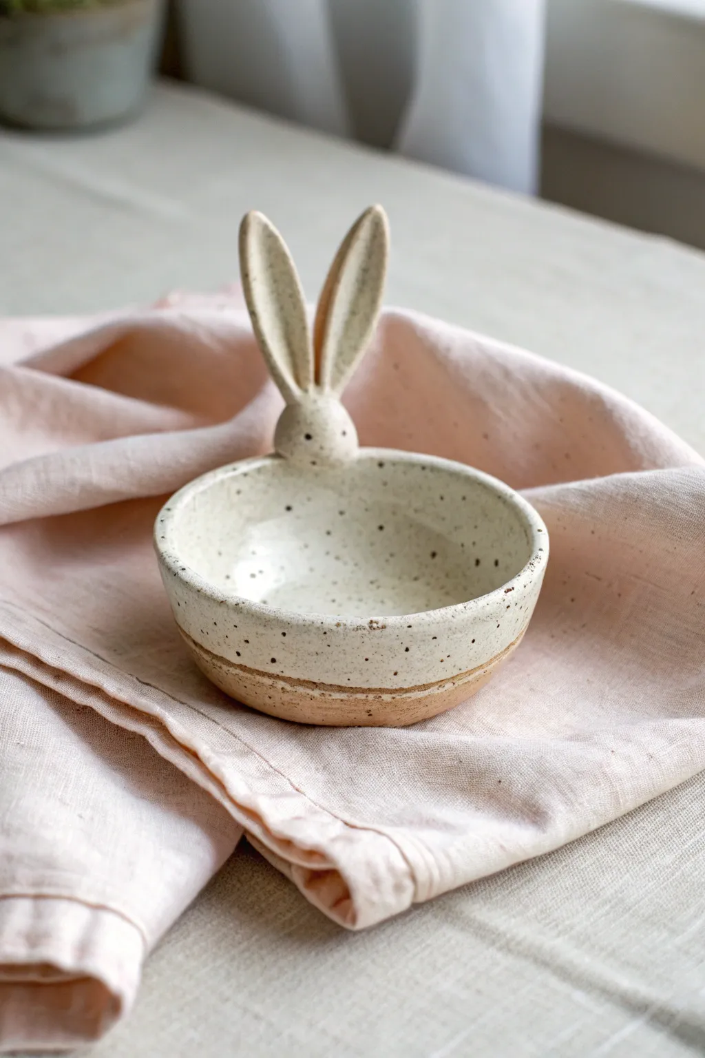 Sweet bunny ear trinket bowl in rustic clay, minimalist and cozy for rings and treasures.