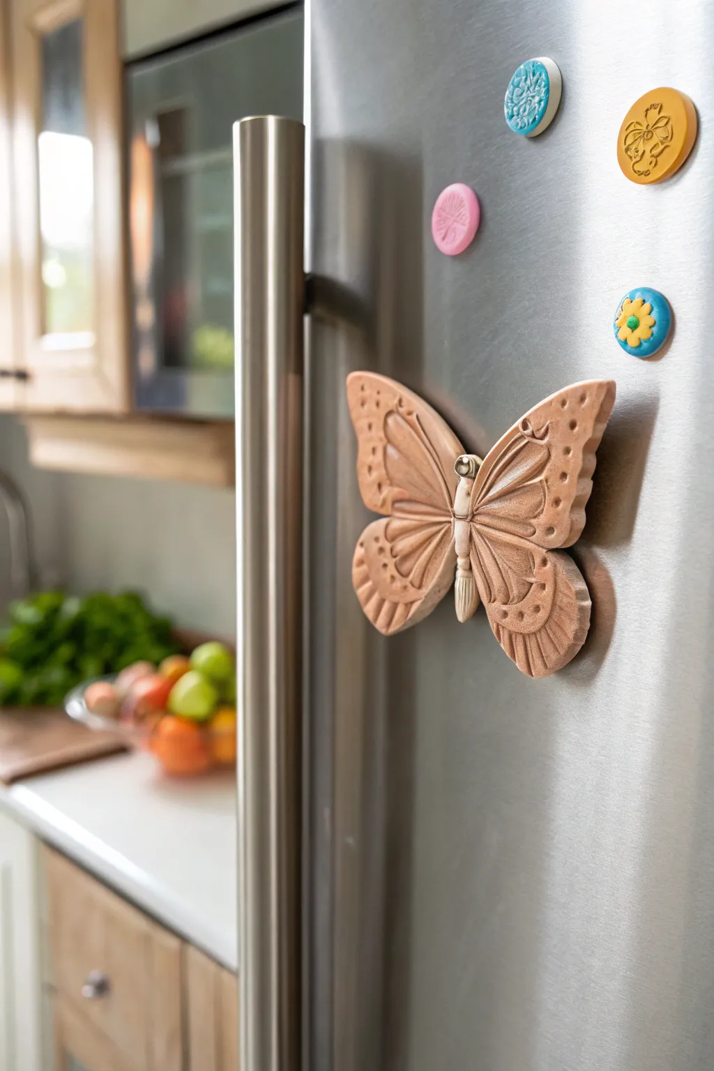 Handmade butterfly clay magnet adds a soft boho touch to a clean Scandinavian fridge scene.