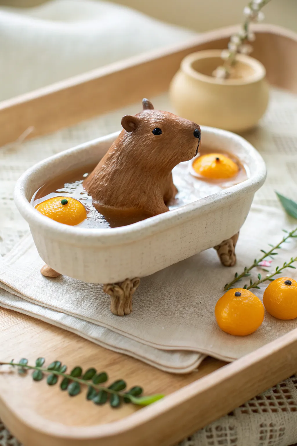 Cozy capybara mini in a yuzu bath, warm earthy clay tones with bright citrus accents