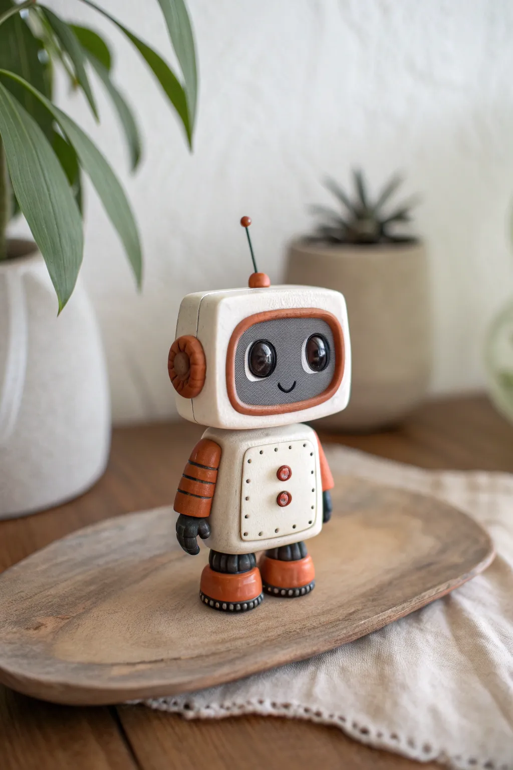 Cute cartoon clay robot pal in crisp contrasting colors, Scandi minimal with a soft boho touch