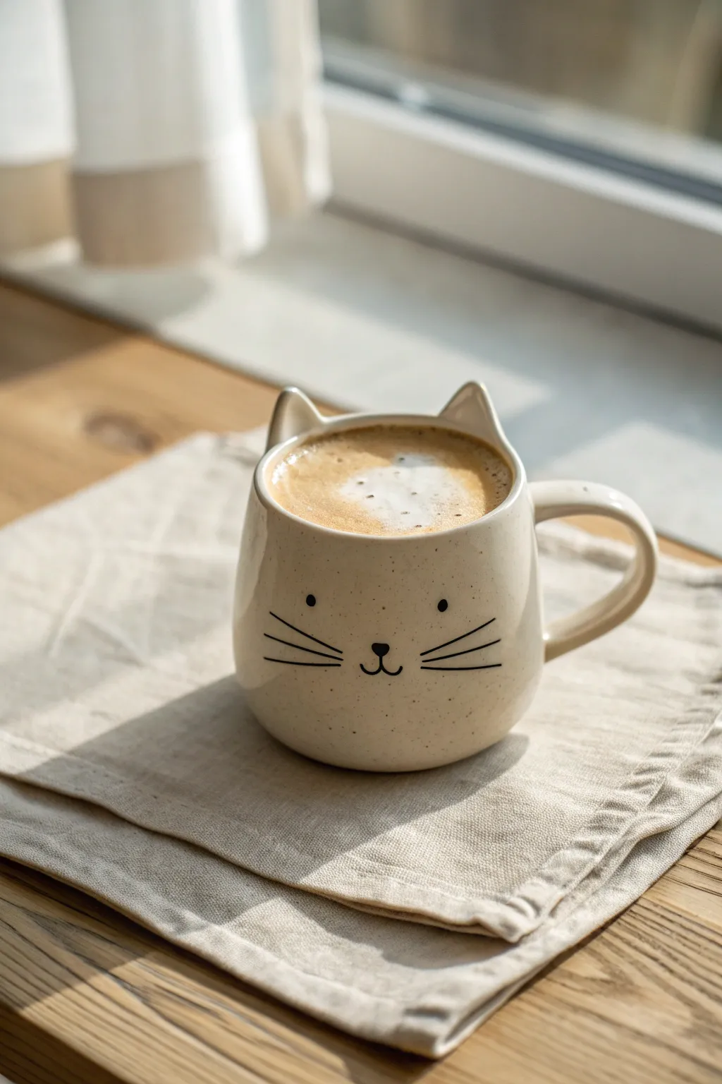 Cozy cat ear mug in matte clay, filled with a warm latte for minimalist, handmade charm.