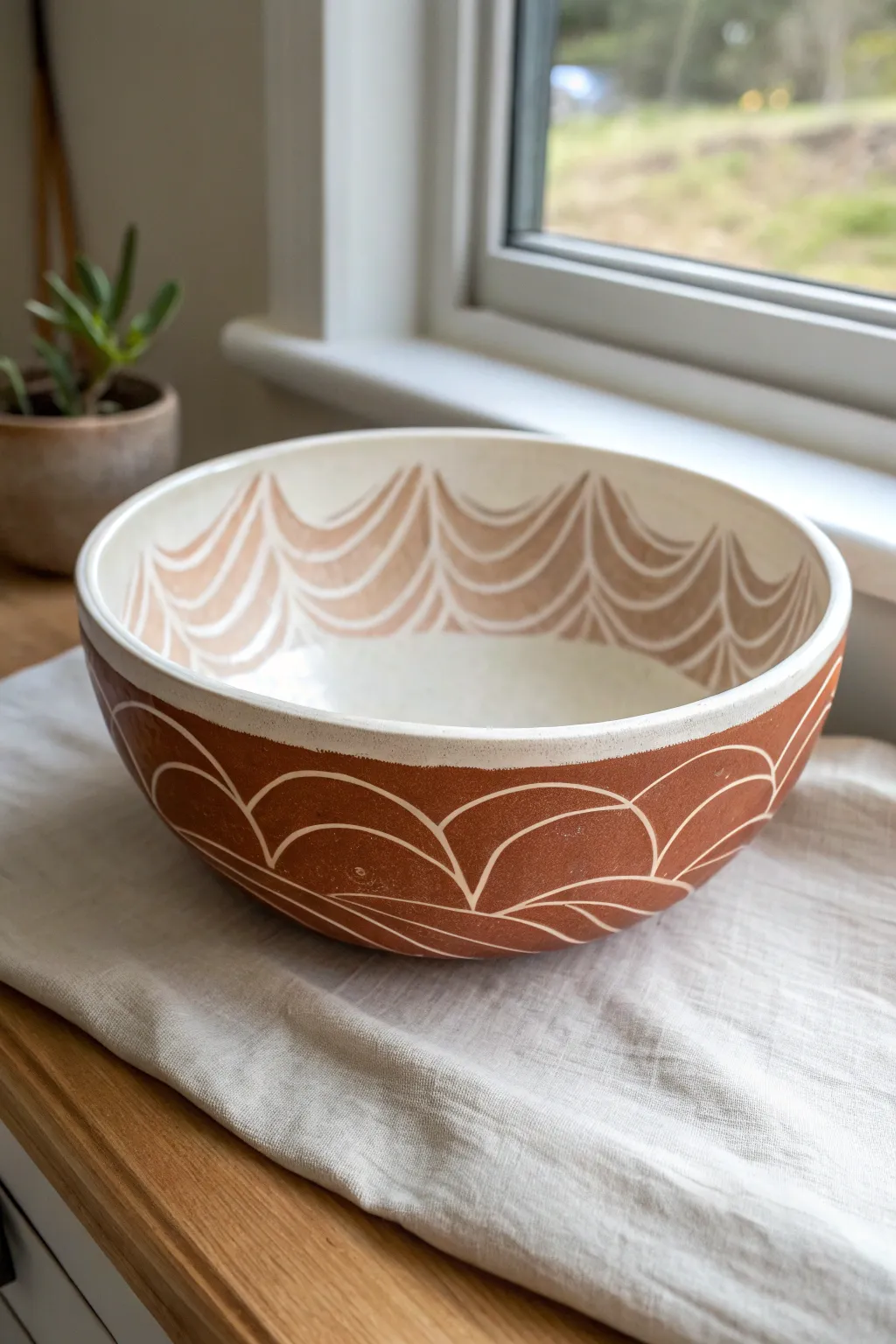 Minimal sgraffito bowl with carved waves and warm terracotta contrast, simple and handmade