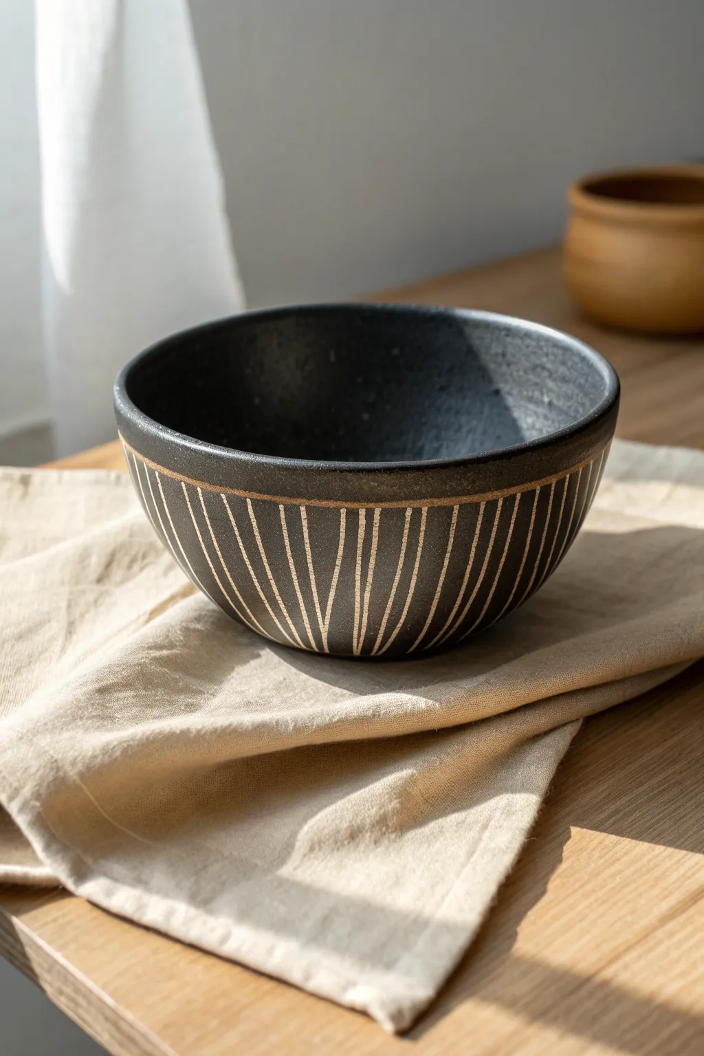 Matte dark bowl with simple sgraffito stripes for bold, beginner friendly contrast