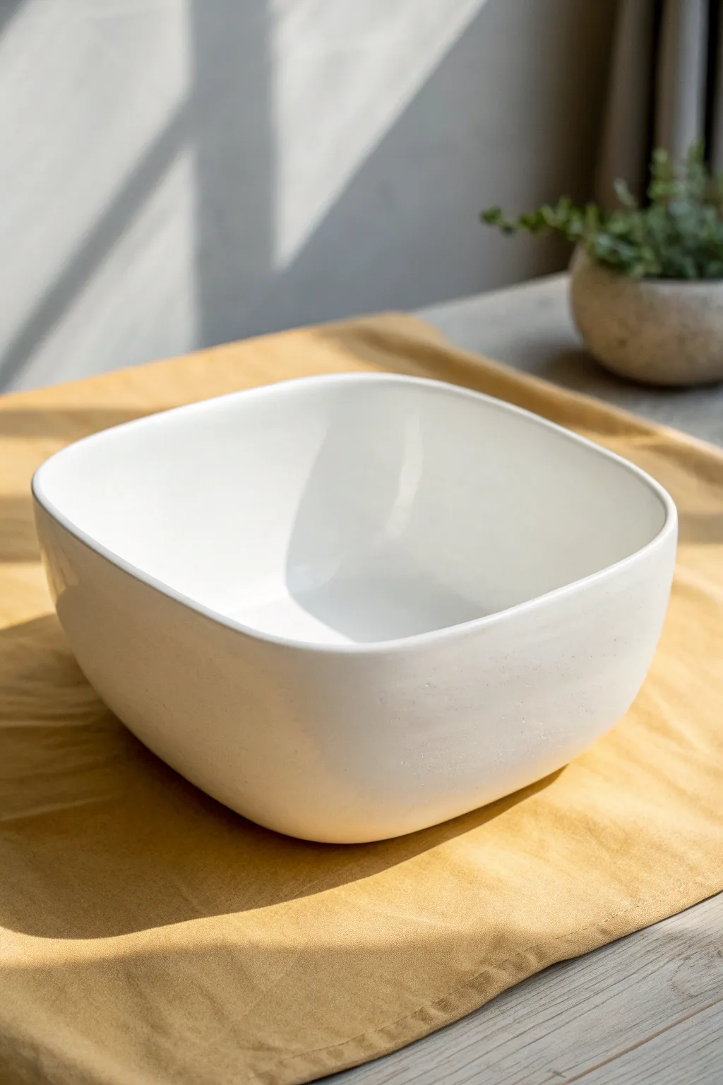 Soft-square white ceramic bowl with rounded corners for a modern minimalist table moment.