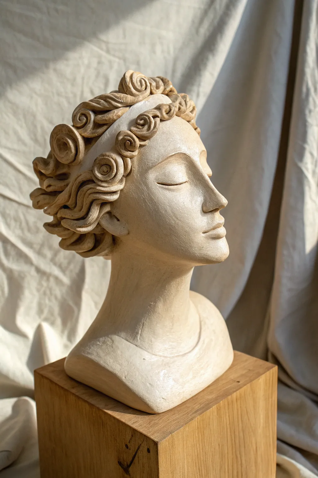 Sculptural ceramic bust with coiled statement hair, minimalist Nordic calm with boho texture