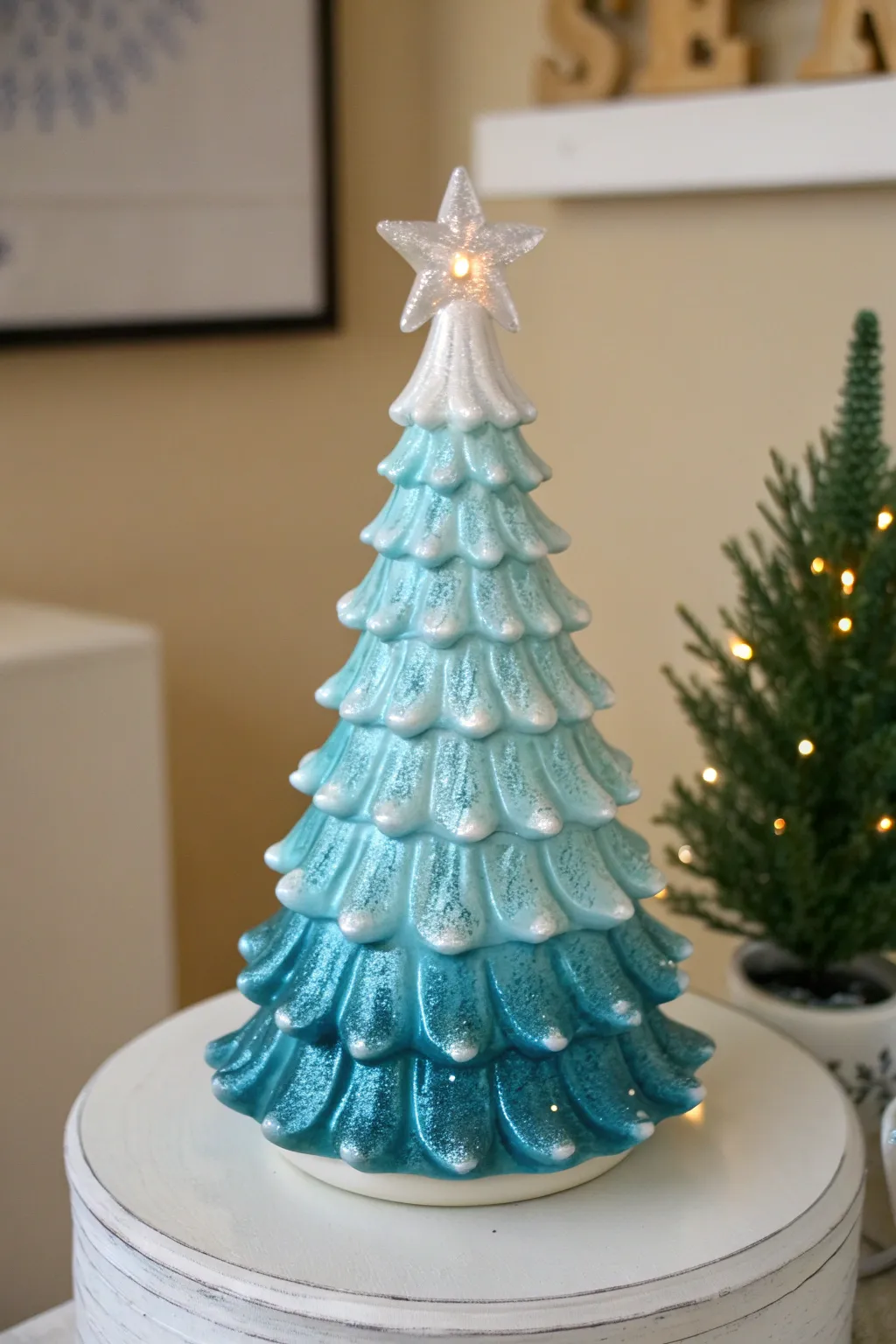 Teal-to-aqua mermaid ombre ceramic tree with icy star for a calm, ocean winter glow.