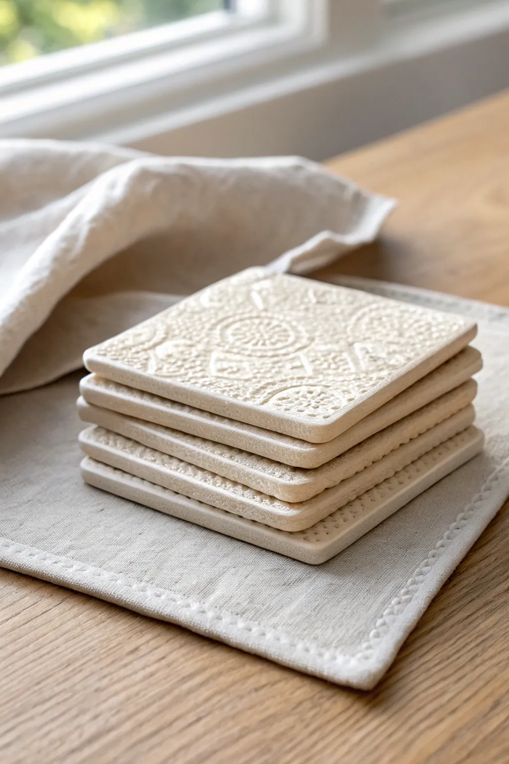 Softly glazed textured tile coasters stacked neatly, a simple DIY clay idea for cozy tables.