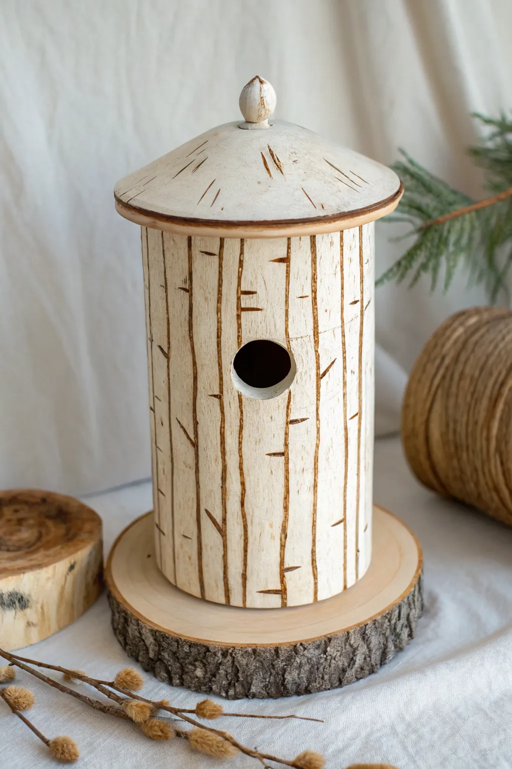 Cozy log cabin ceramic birdhouse with carved bark texture, minimalist boho styling in warm light.