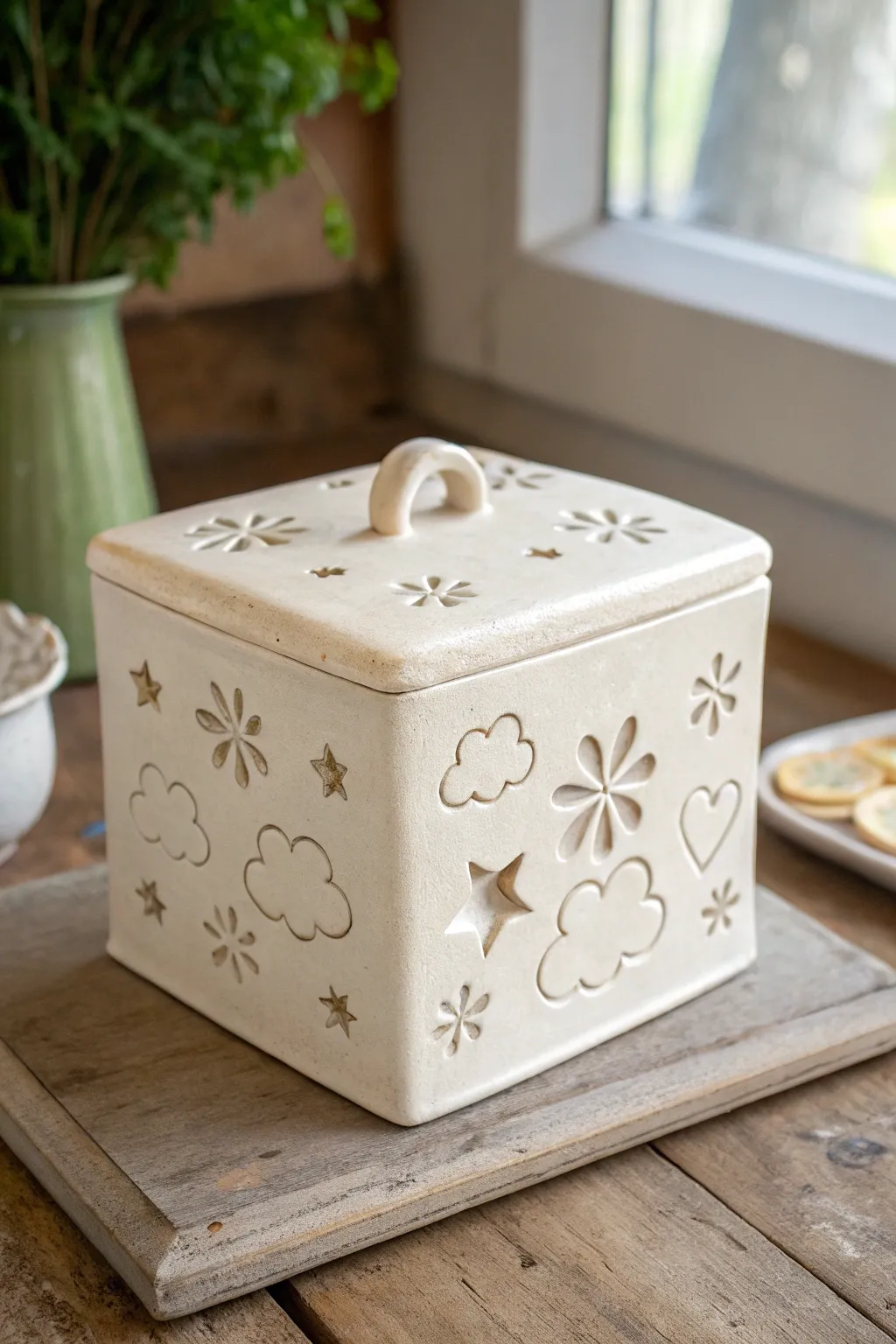 Glossy appliqué relief slab box with simple cutout motifs, Nordic minimal style with soft boho warmth.