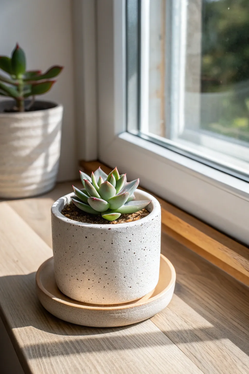 Minimal stoneware succulent planter with visible drainage hole and saucer, bright windowsill light.