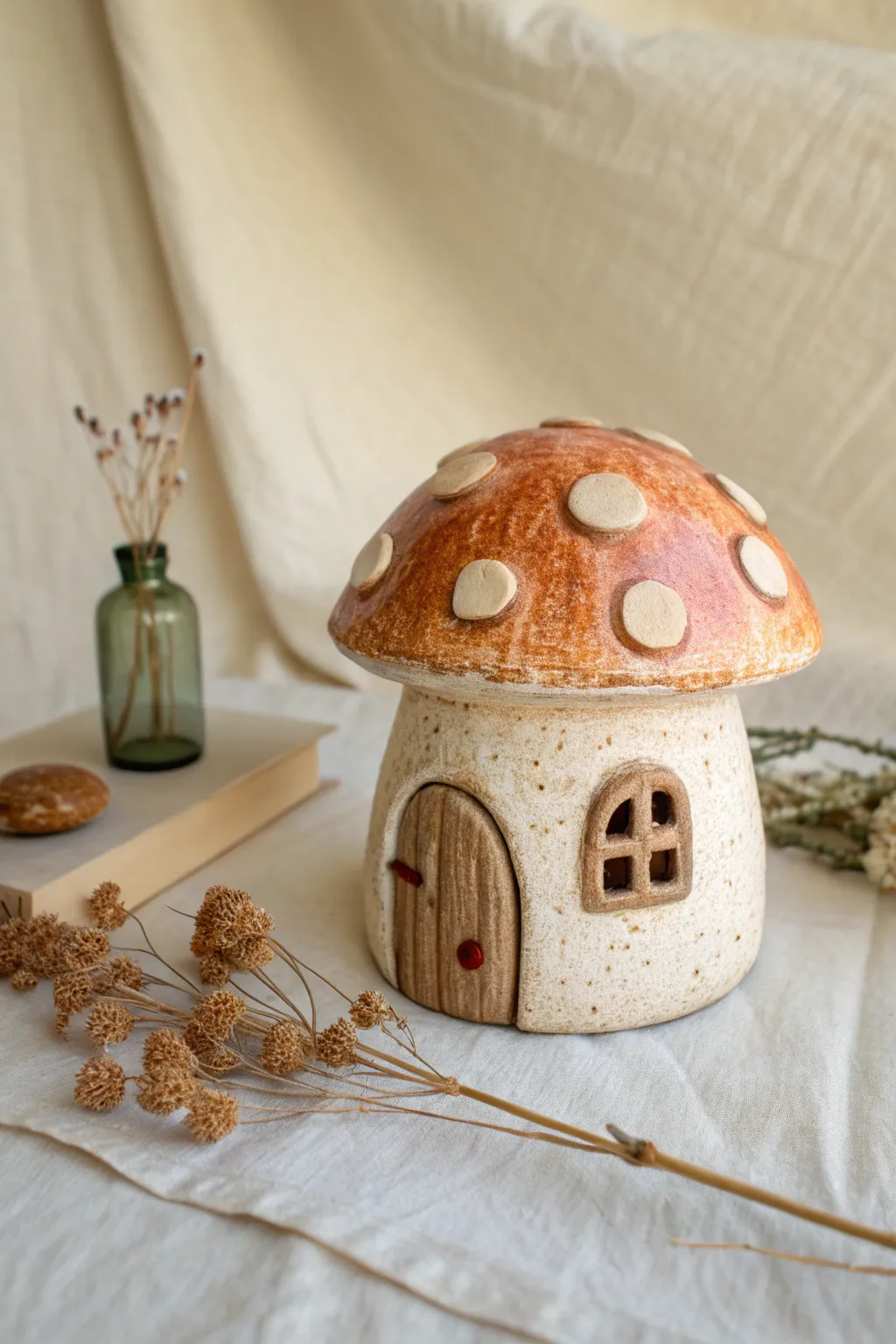 Whimsical mushroom cottage in earthy glaze, a sweet minimalist accent for any shelf.