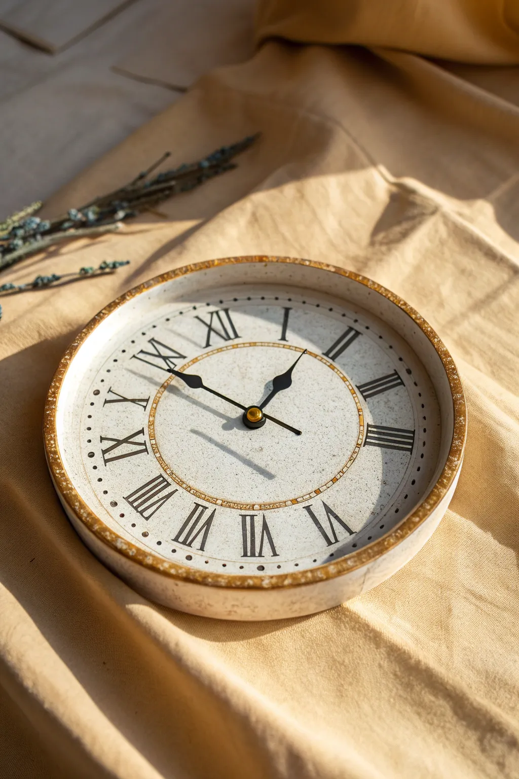 Minimal ceramic clock with underglaze Roman numerals, crisp contrast, and a delicate ring border.