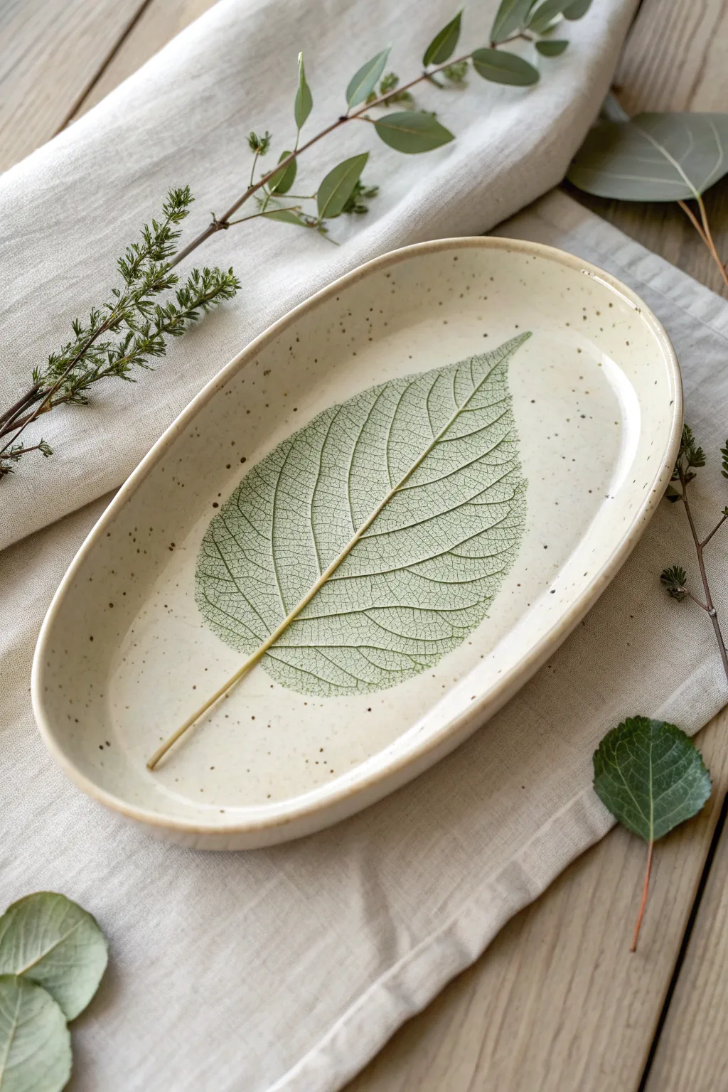 Soft leaf-imprinted ceramic platter with tinted wash, minimalist Nordic boho contrast.
