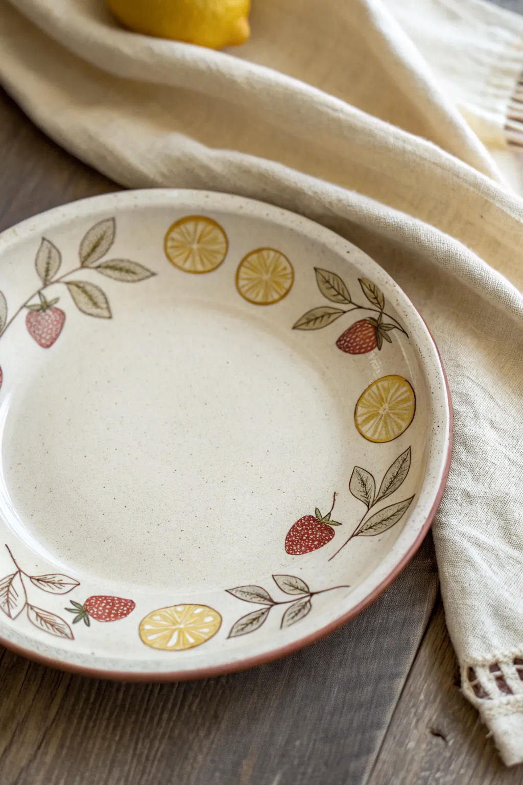 Tiny lemon icons circle a minimalist plate rim, leaving a clean bright center for boho charm