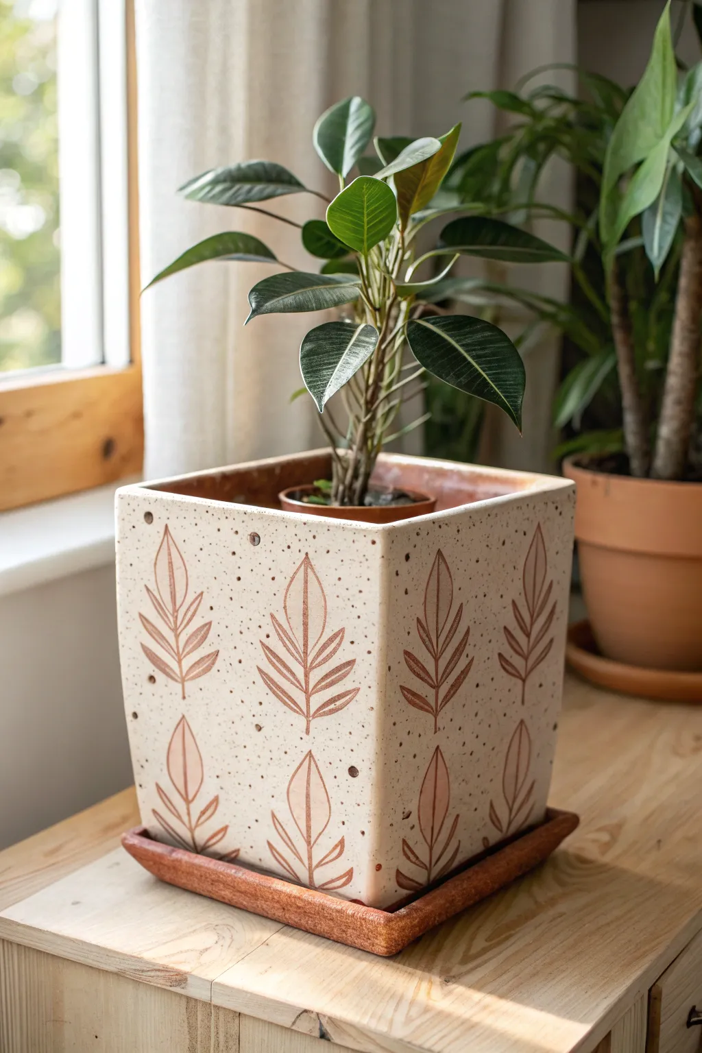 Faceted slab planter with stamped texture and drainage holes, glazed in calm earthy tones