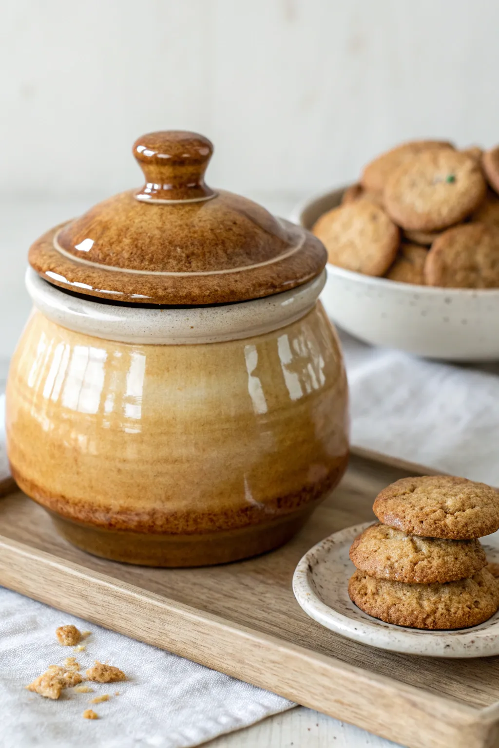 Belly-shaped cookie jar with a chunky knob and warm glaze, styled with a few cookies nearby.