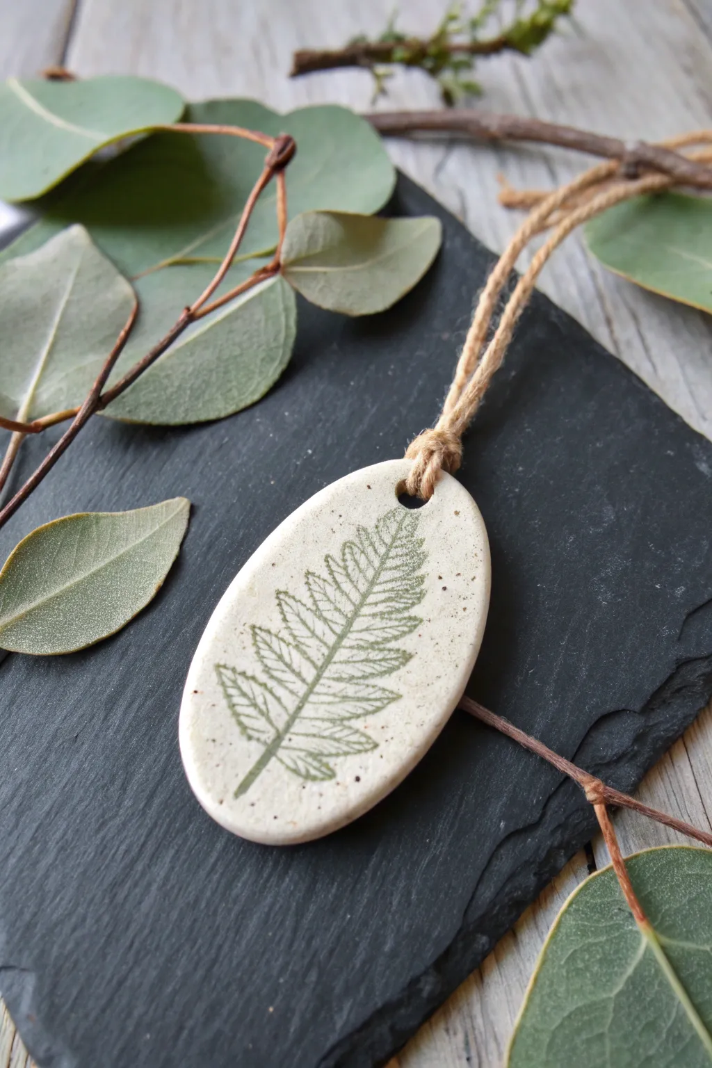 Leaf-imprint ceramic pendant with glossy glaze veins, styled with dried botanicals.