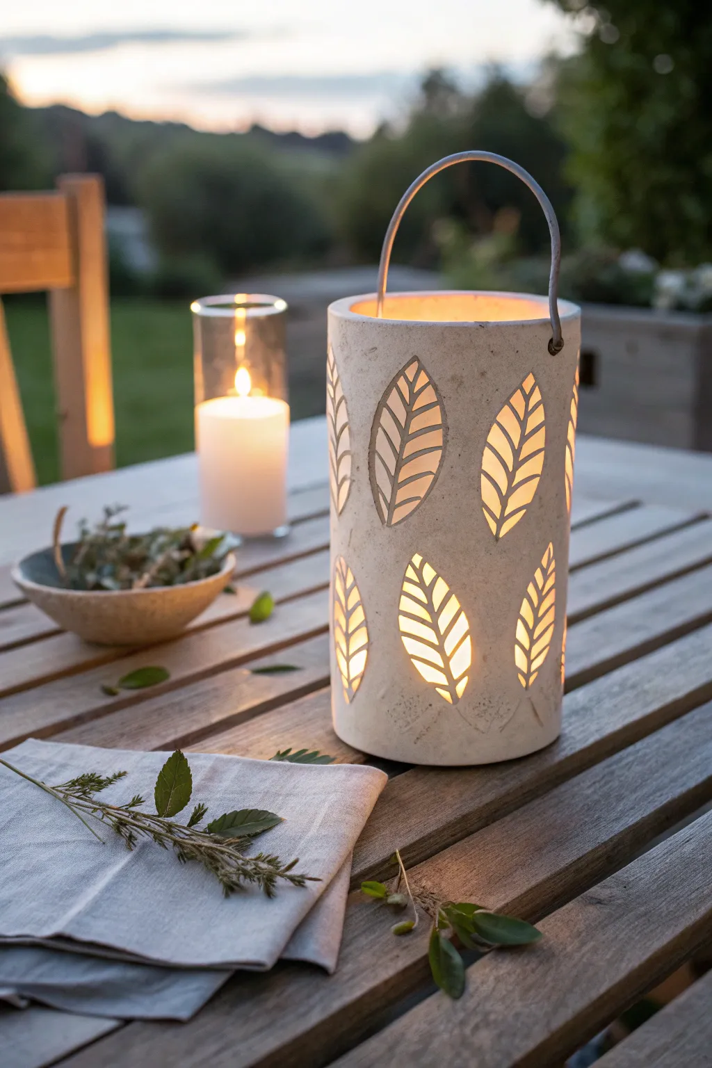 Leaf-cut ceramic lantern casting a warm garden glow and delicate shadows at dusk