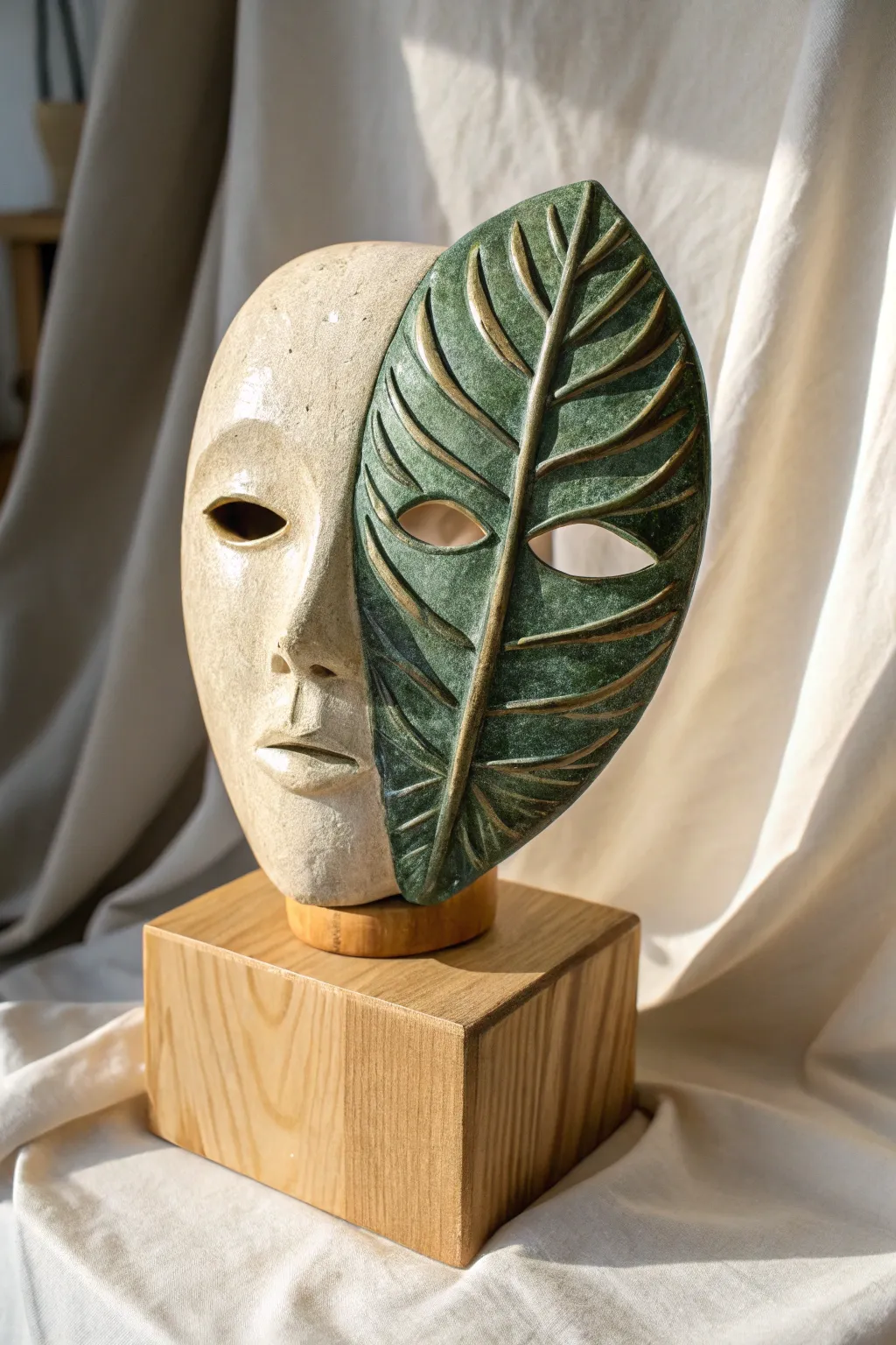 Split-face ceramic mask with a bold leaf overlay, contrasting matte ivory and glossy sage glazes