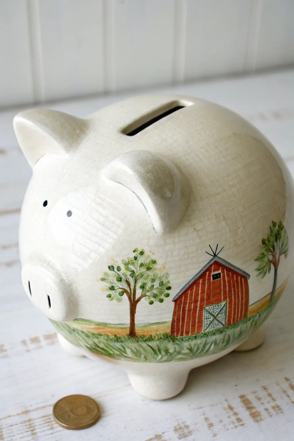 A cozy ceramic piggy bank with a sweet barn-and-fields band, minimalist Scandinavian charm.
