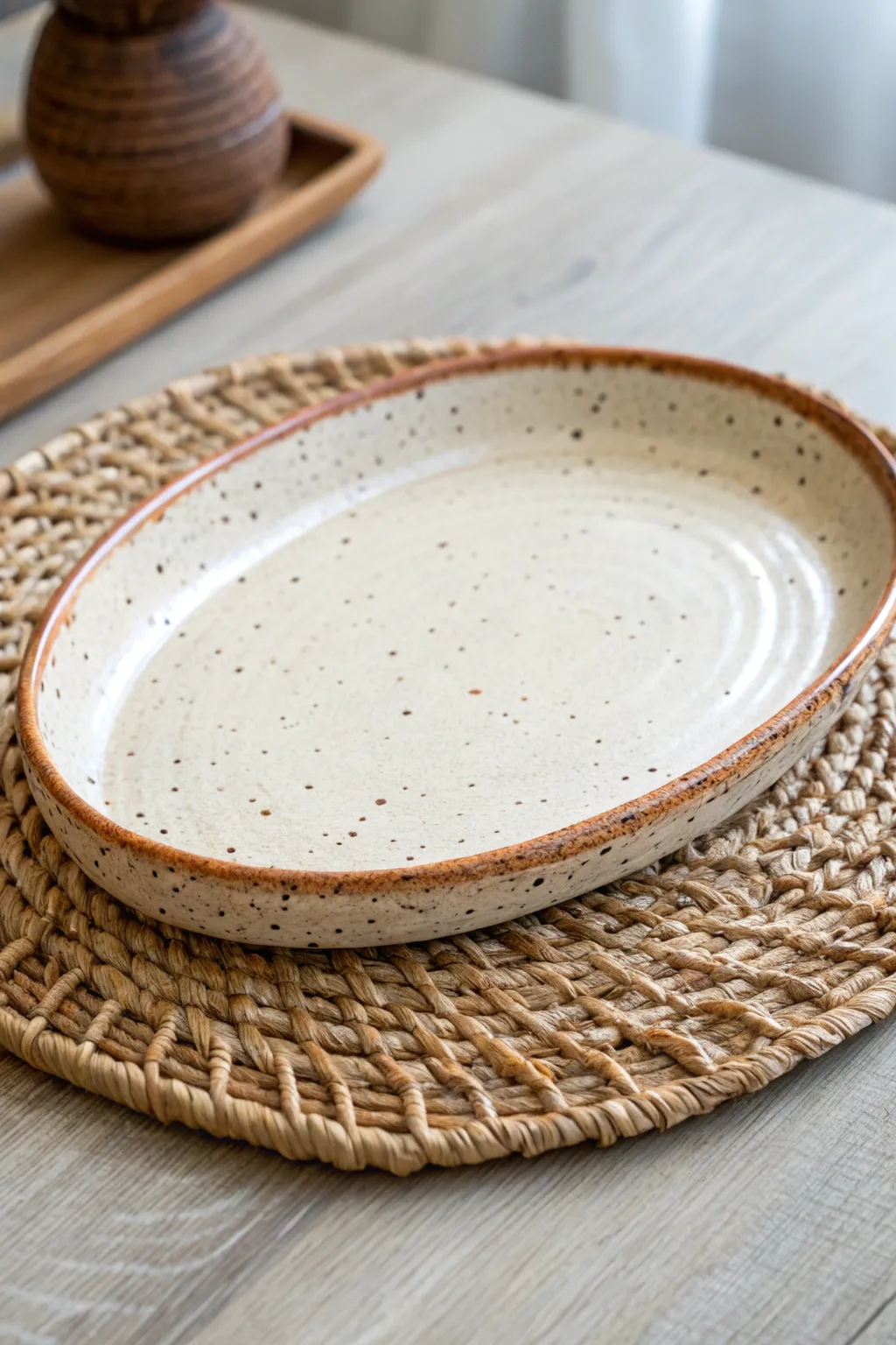 Speckled glaze meets a bare clay rim for a simple, earthy platter with handmade charm.