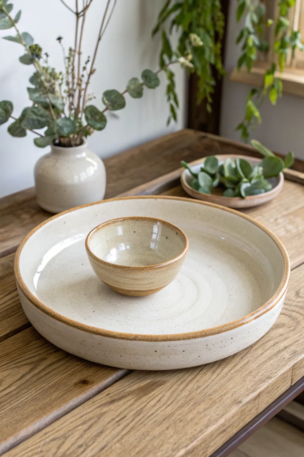 Minimal two-tone chip-and-dip platter with an attached glossy bowl, handmade and Pinterest-ready.
