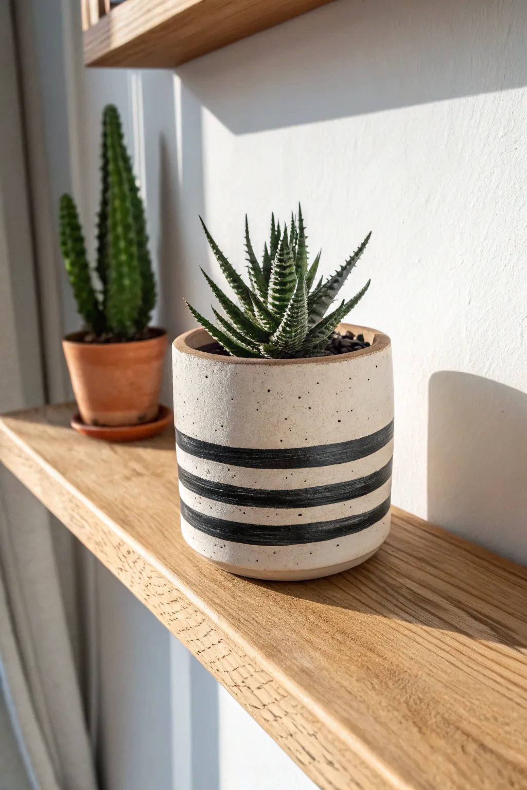 Crisp black-and-white striped ceramic pot with a spiky plant for clean modern contrast.