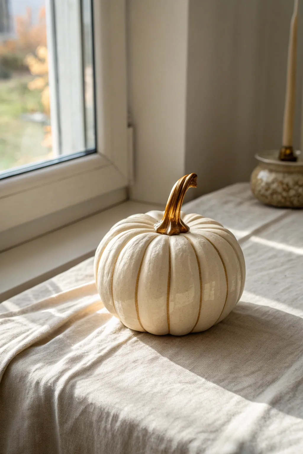 Satin-glazed ceramic pumpkin with a brushed gold stem for an elevated autumn accent