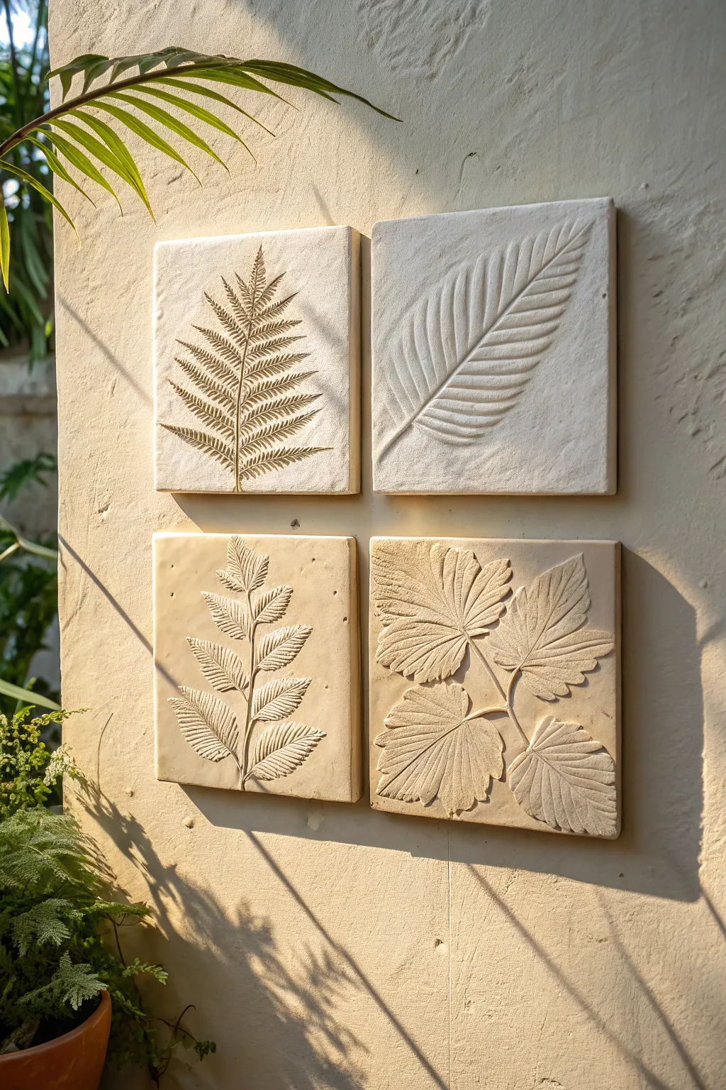 Botanical ceramic wall relief tiles in earthy tones, softly lit to highlight crisp texture.