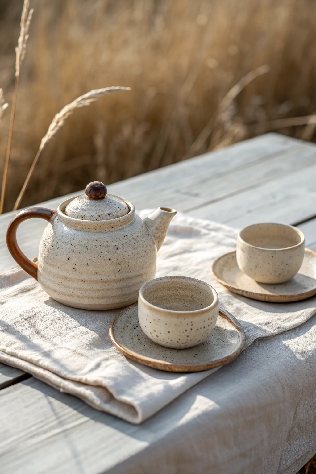 A serene handmade ceramic tea set in matching glaze, perfect for slow, cozy afternoons
