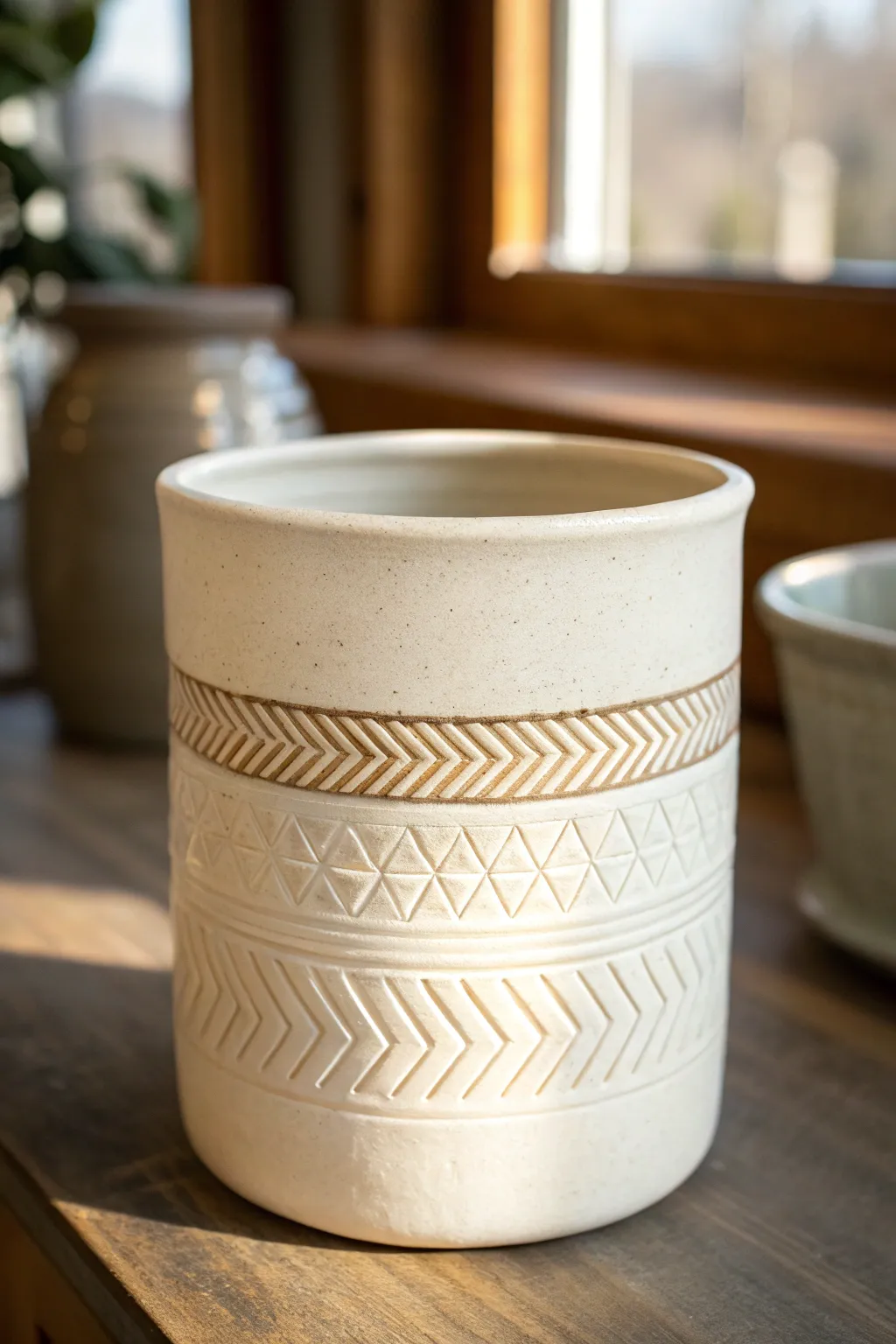 Minimal ceramic crock with crisp chevron stamp band, matte glaze, calm Scandinavian boho vibe.
