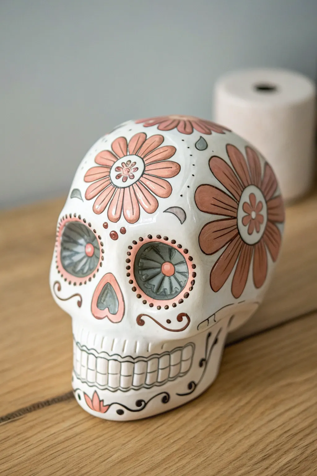 Flower-eyed sugar skull with layered petal rings in blush, terracotta, and sage tones