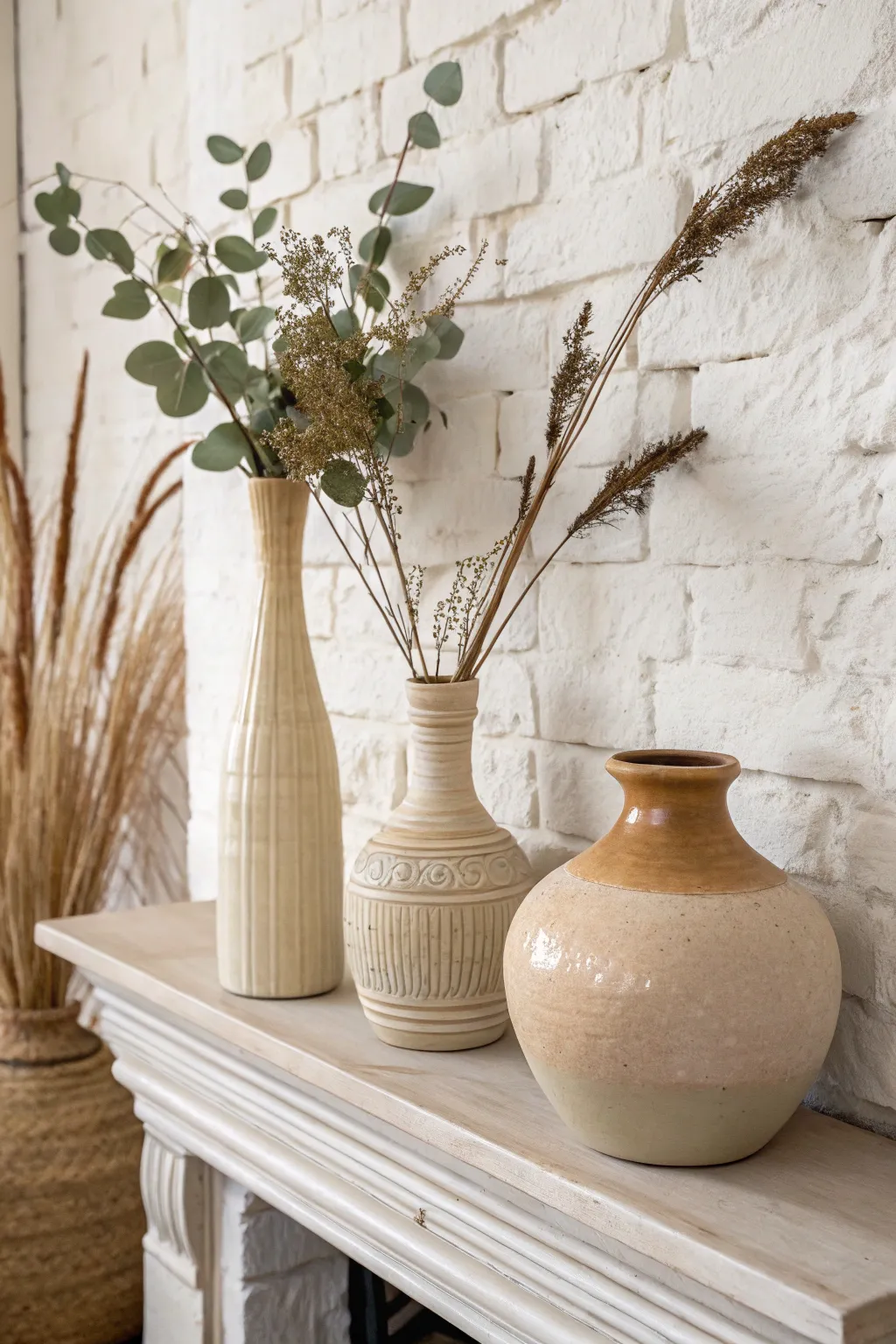 Mixed-height ceramic vases on a mantel, matte and soft gloss finishes for effortless decor.