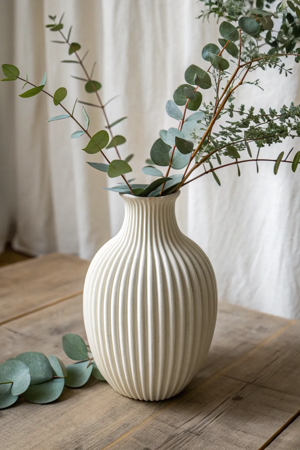 Soft ribbed ceramic vase with a single leafy stem, minimalist style that glows in natural light.
