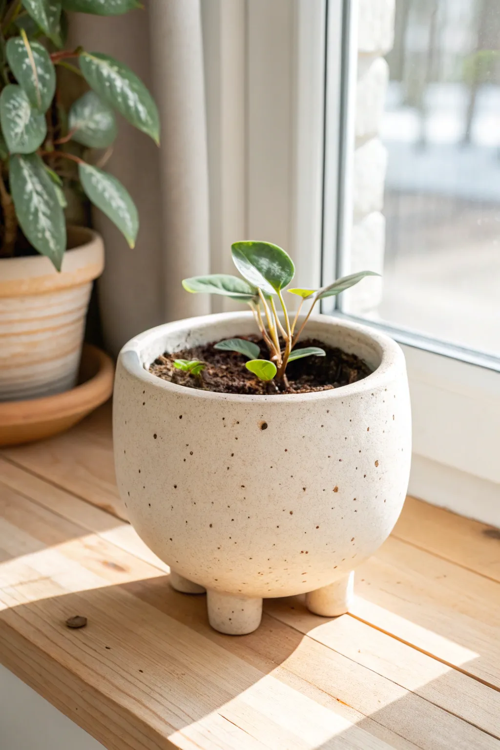 Footed ceramic planter with a visible drainage hole, minimalist shape, and a fresh leafy plant.