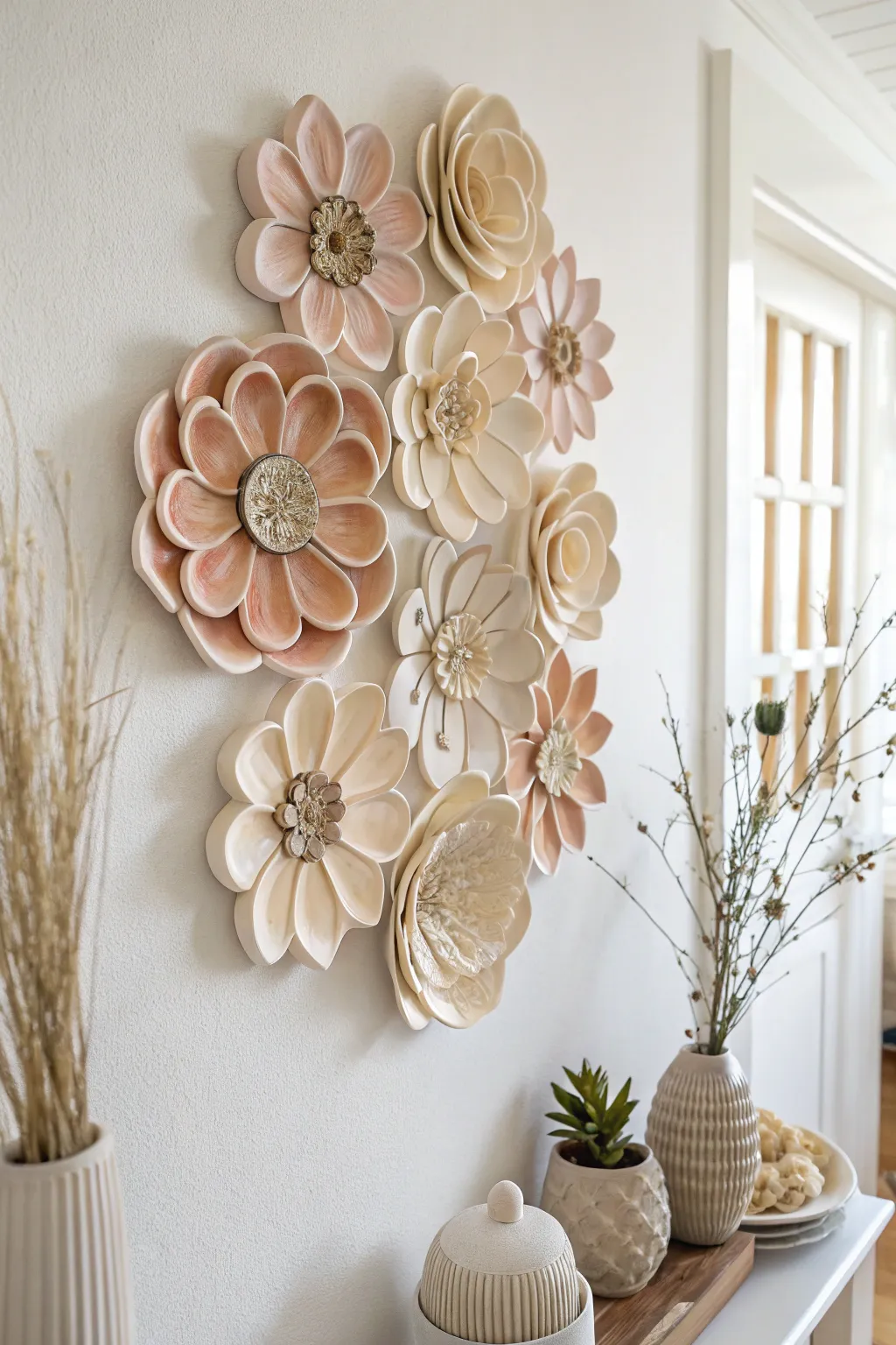 Soft-glazed ceramic flower blooms arranged as a modular wall cluster with calm Scandinavian warmth