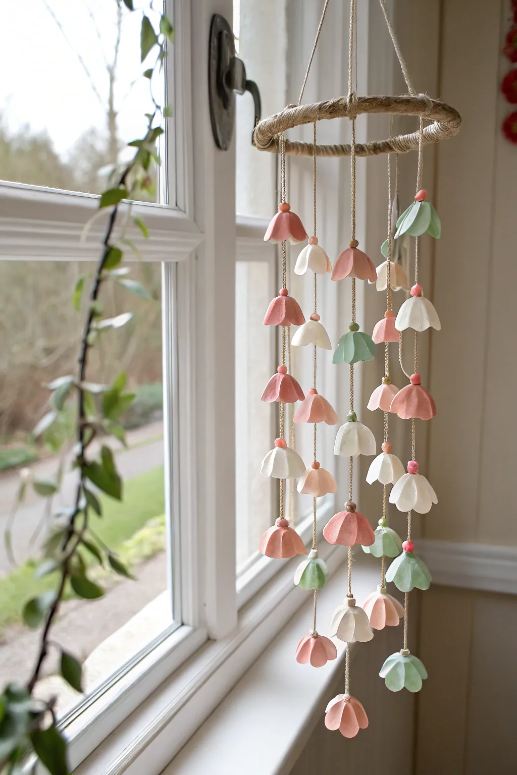 Petal-tile ceramic wind chime in soft glazes, sunlit and minimal for an airy boho feel