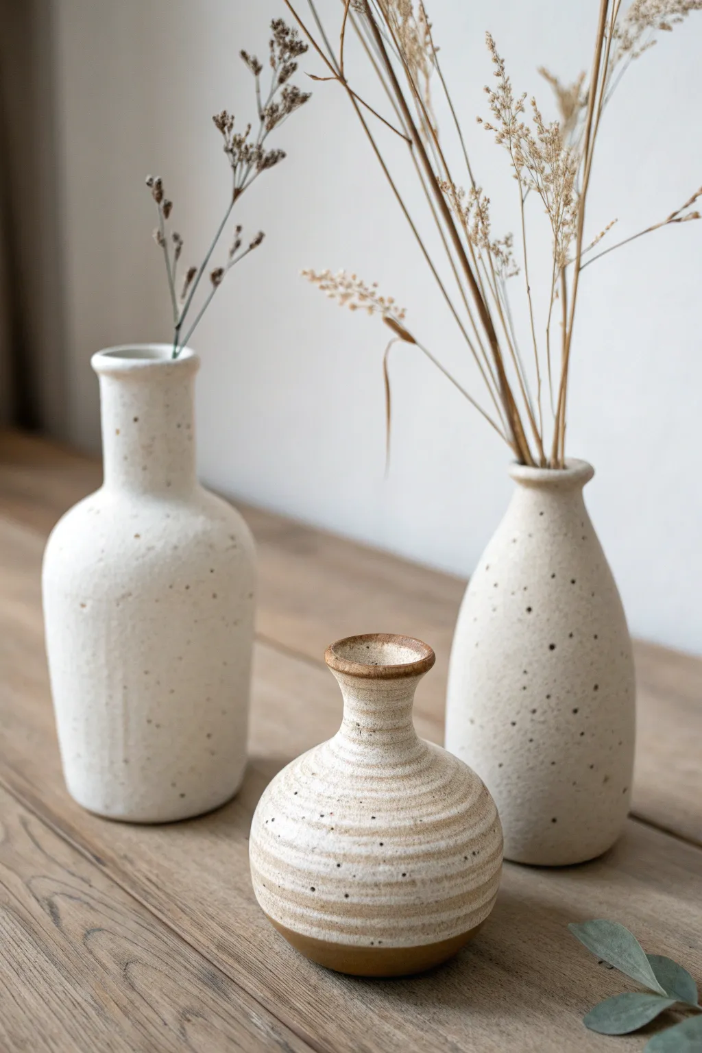 Mini bud vase trio: three simple beginner shapes with calm neutrals and single stems