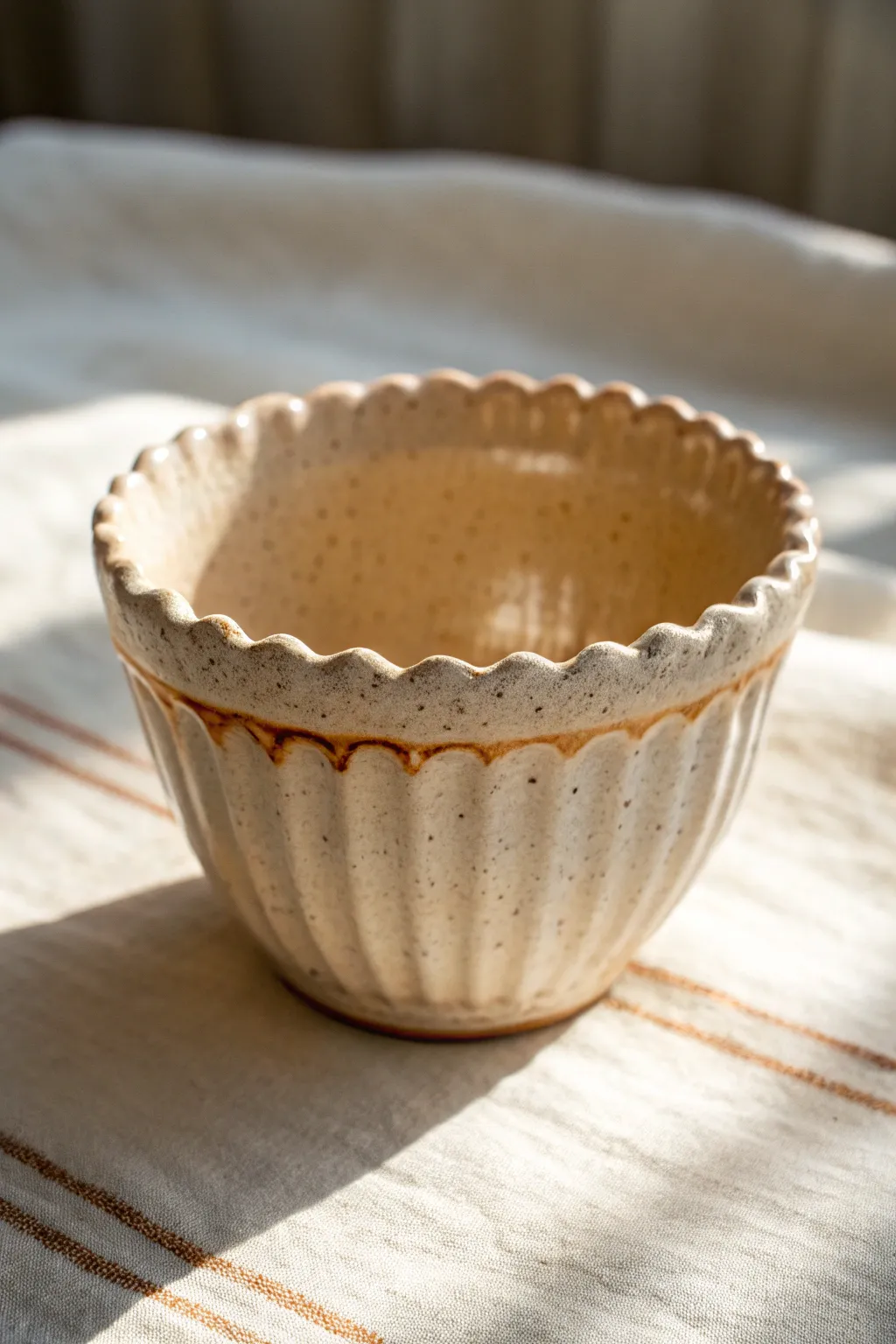 Scalloped rim cup with pinched dimples, clear glaze catching soft shadows and light.
