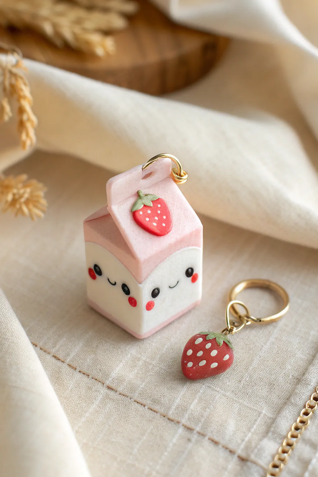 Pastel strawberry milk carton clay charm, sweet and beginner-friendly for your next cute keychain.