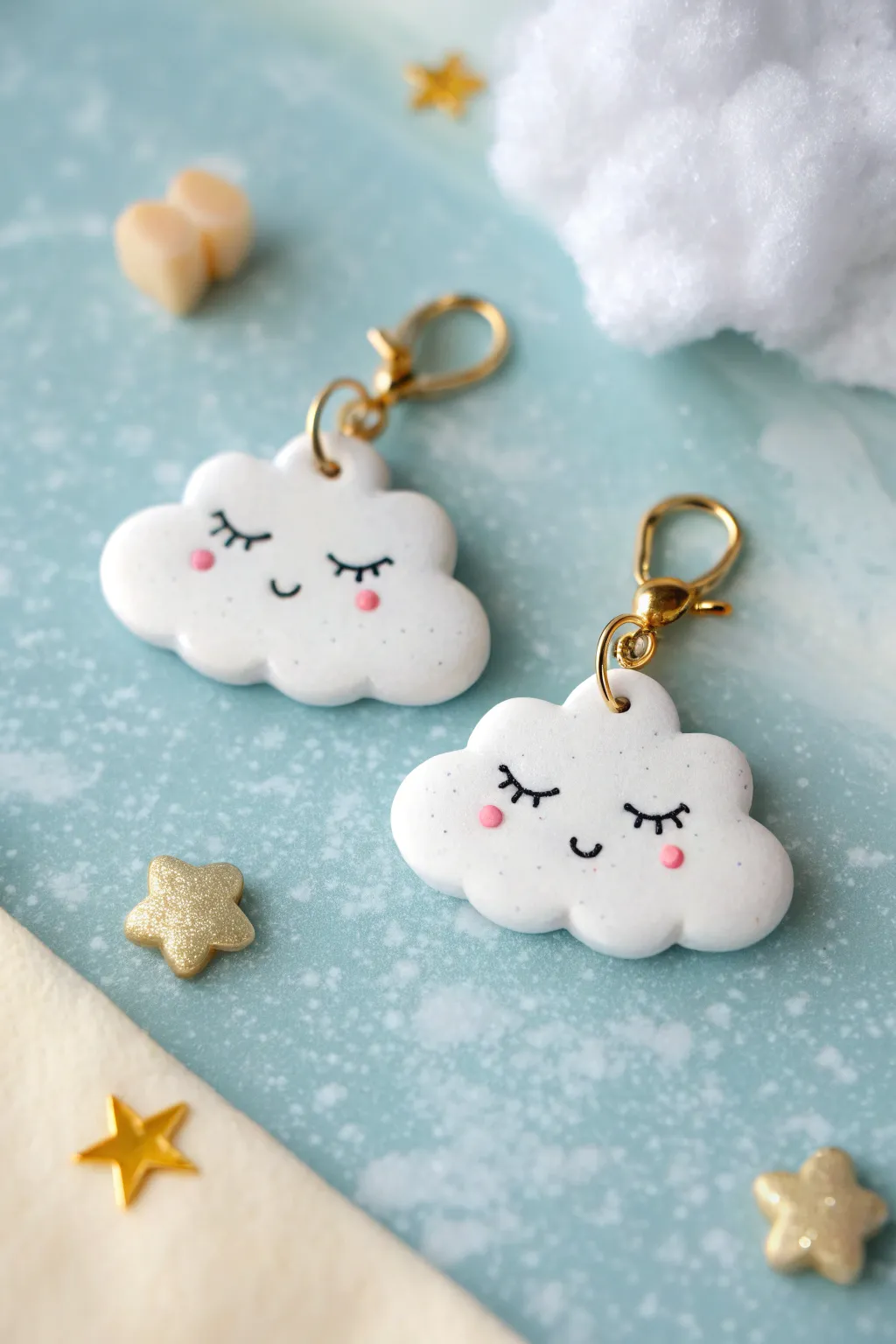 Dreamy puffy cloud charms with sleepy faces in minimalist pastel styling and crisp contrast.