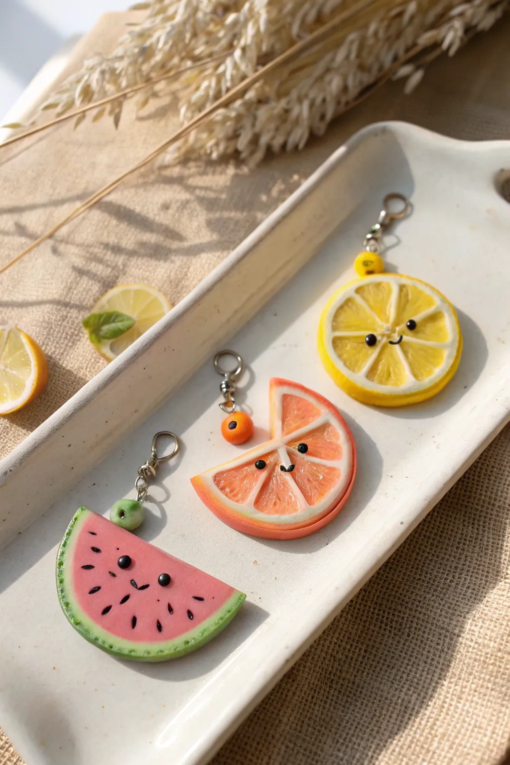 Happy fruit slice charms in pastel clay, minimalist Scandinavian styling with sweet kawaii faces