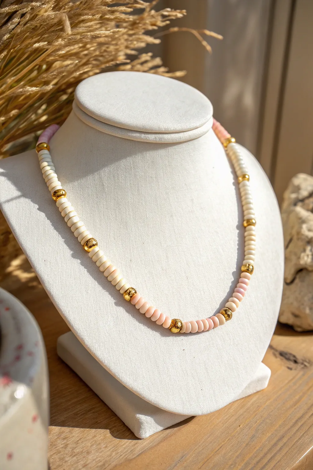 Dress up your clay heishi choker with evenly spaced gold spacers for a polished minimal look
