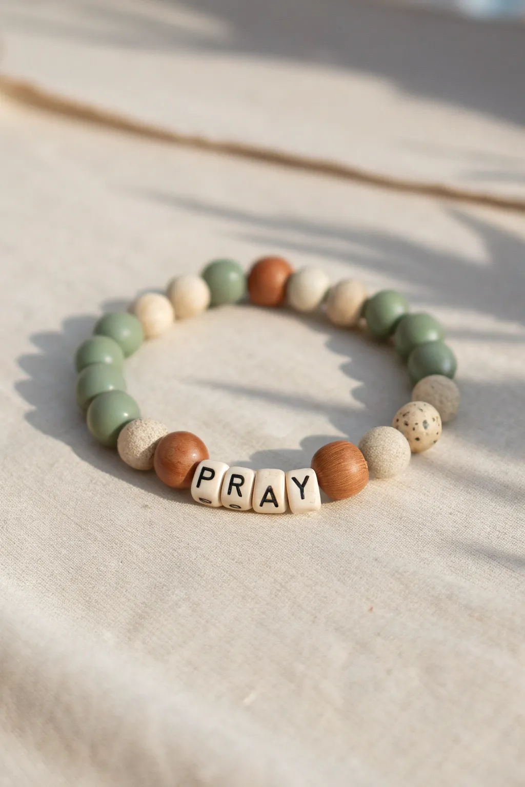 Muted sage and cream clay beads with PRAY letters, a serene daily reminder bracelet