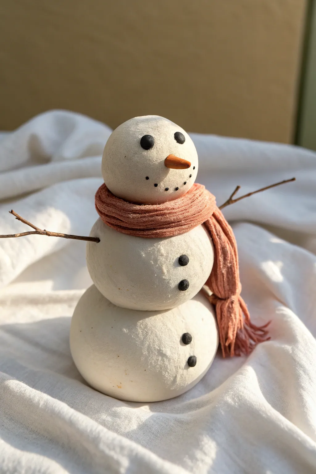 Mini air-clay snowman with a cozy painted scarf, minimalist Scandinavian Christmas decor.