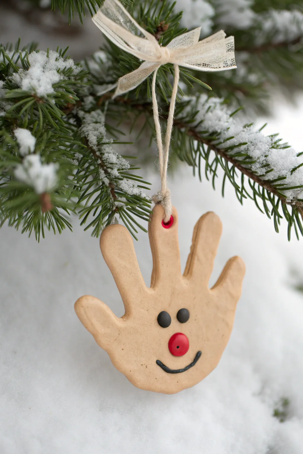 Handprint reindeer clay ornament with red nose and linen ribbon, perfect for a cozy Christmas tree