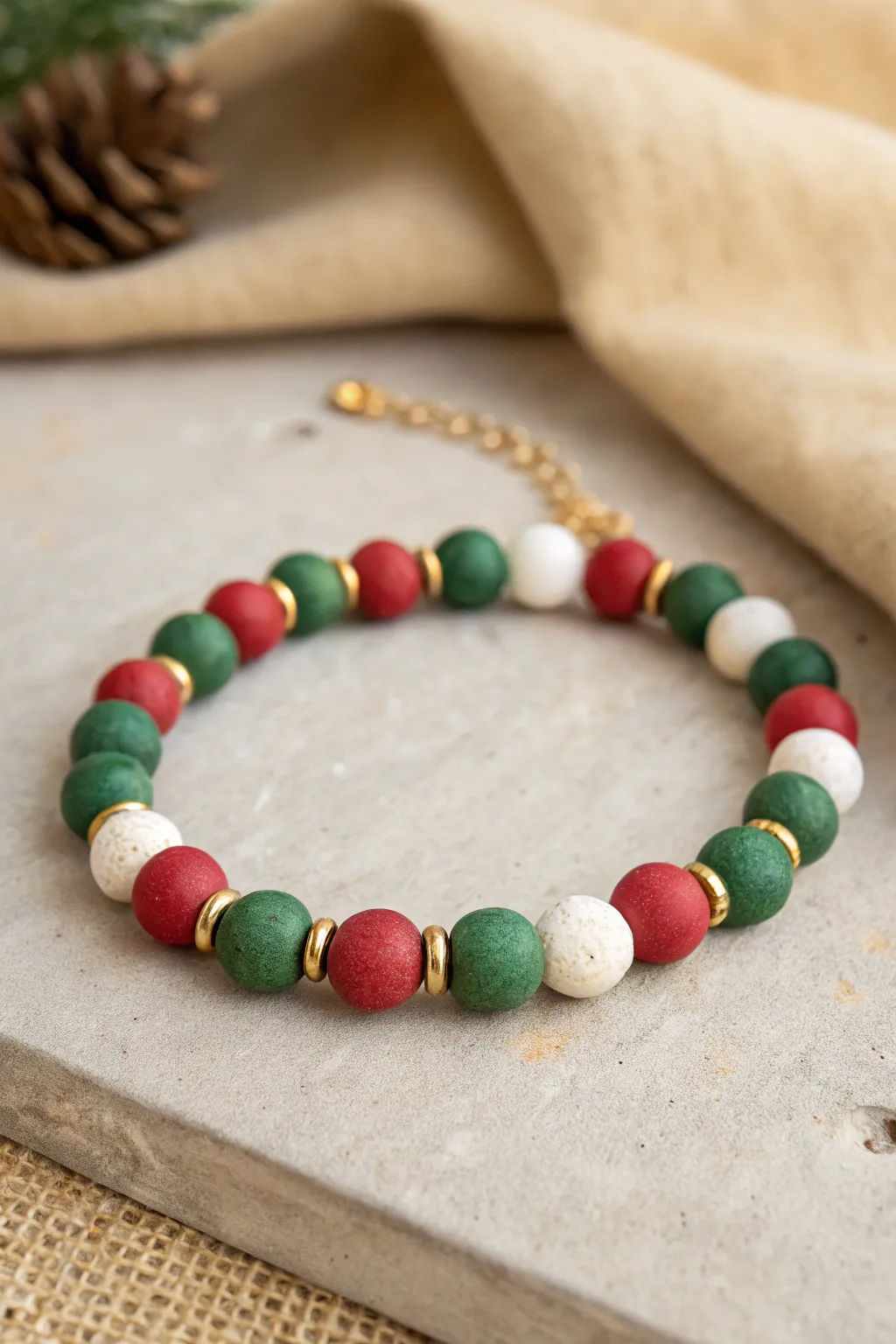 Festive clay bead bracelet in red, green, and white, punctuated by gleaming gold spacers.