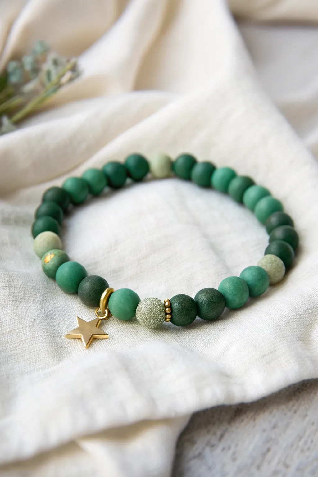 Green ombré Christmas tree bracelet with a tiny gold star accent on a snowy white backdrop