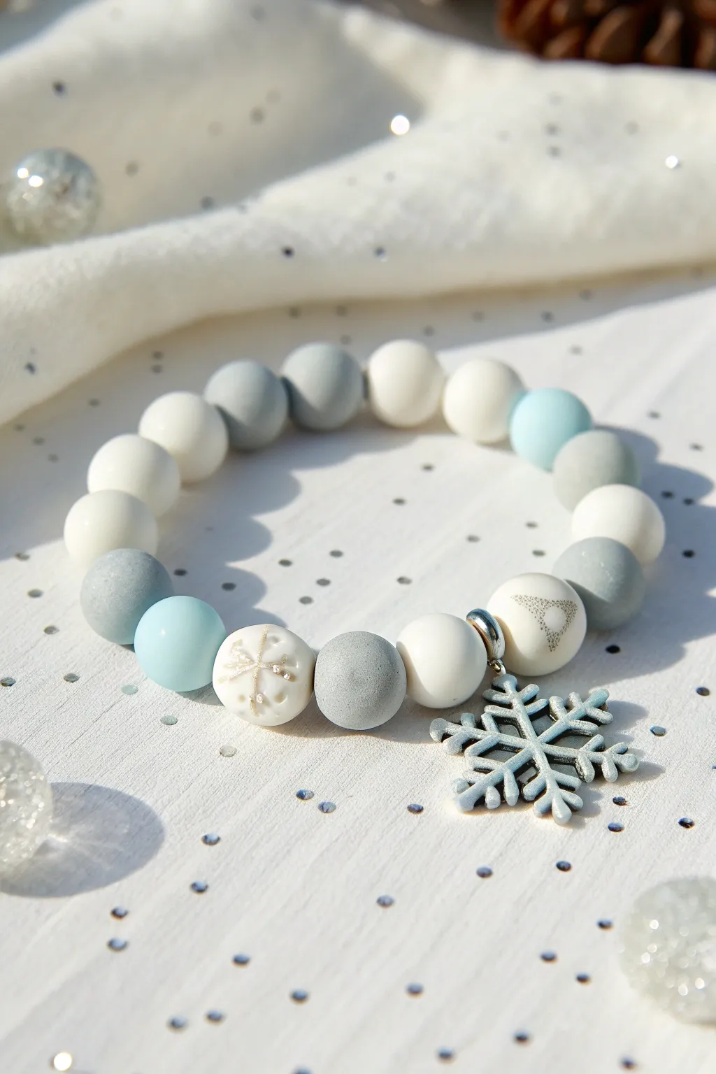 Icy neutral clay bracelet with a simple snowflake charm for a clean, wintry Christmas look.
